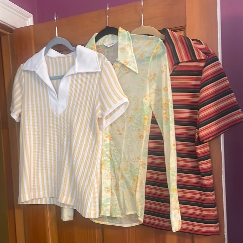 Three Retro Collared Tops - Yellow Stripe, Mint Floral, Red Stripe
